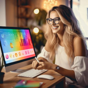 photo of a lady with glasses in front of a computer, she looks like presenting to a client, just like a paid ads specialist does.