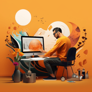 photo of a man sitting in front of a desk with a computer set up in front of him, just like how a logo creation service worker does